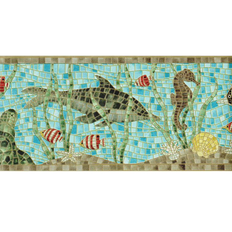 Highland Dunes Under the Sea Mosaic Wallpaper Border Blue, Green 15' L